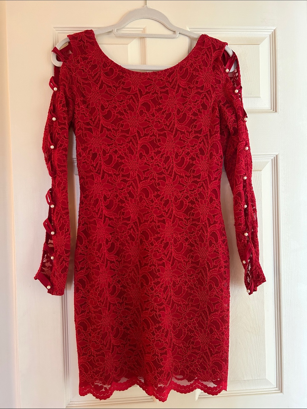 Wendye Chaitin Red Lace Cold-Shoulder Long Sleeve Dress with Pearl Details
